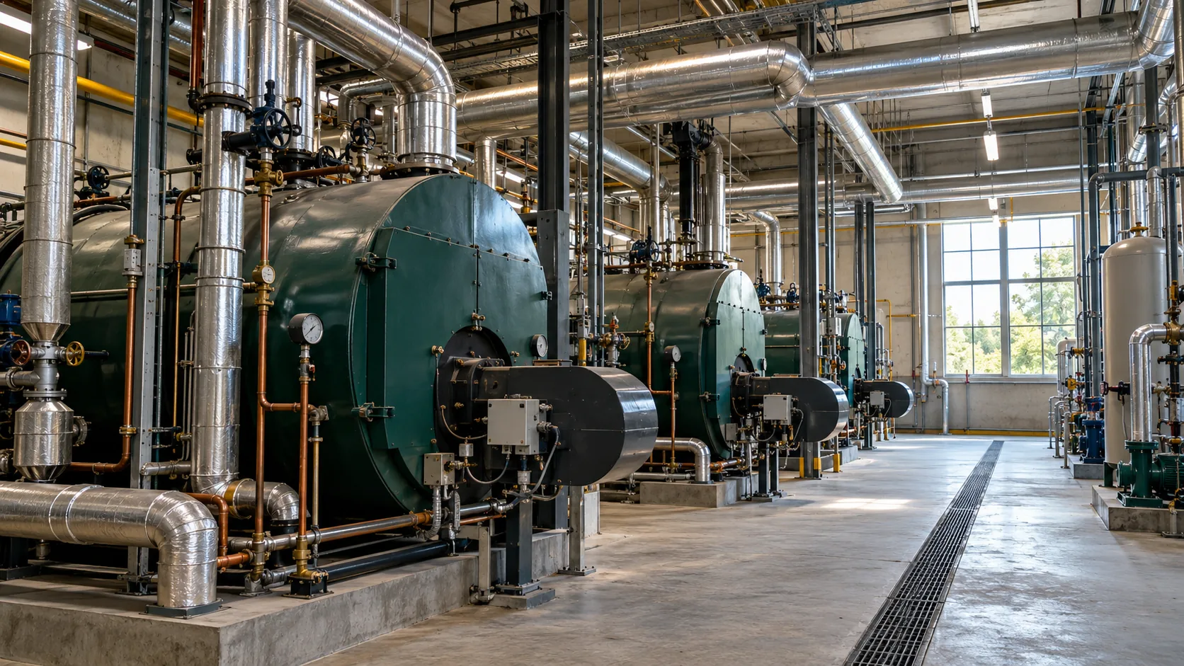 Chaufferie industrielle avec tuyauteries calorifugées.